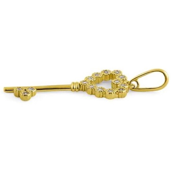 Solid 14K Yellow Gold Heart Key CZ Pendant - Picture 4 of 4